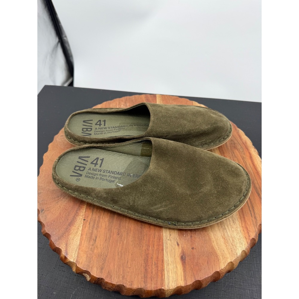 VIBA Roma Suede Mules Women 11 Olive Green Ergonomic Slip On Flat Shoes